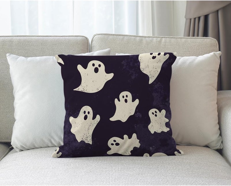 Moslion Skull Pillow Case Halloween Ghosts Spirit in Doodle Skeleton Throw Pillow Cover 18x18 Inch Cotton Linen Canvas Decorative Square Cushion Cover for Sofa Bed Purple White - Image 3